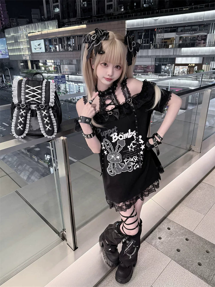 Halter Neck Punk Bunny Print T-shirt, Layered Star Skirt 45361:851450