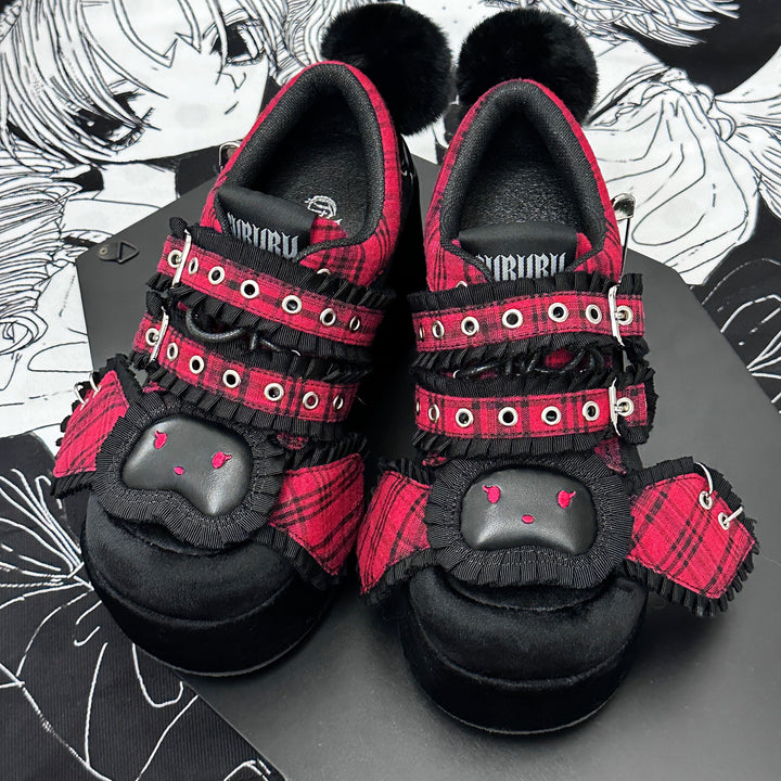 Y2K Shoes Red Plaid Platform Shoes Bandage Bunny Shoes (34 35 36 37 38 39 40) 34394:471180 (34 35 36 37 38 39 40) 34394:471180