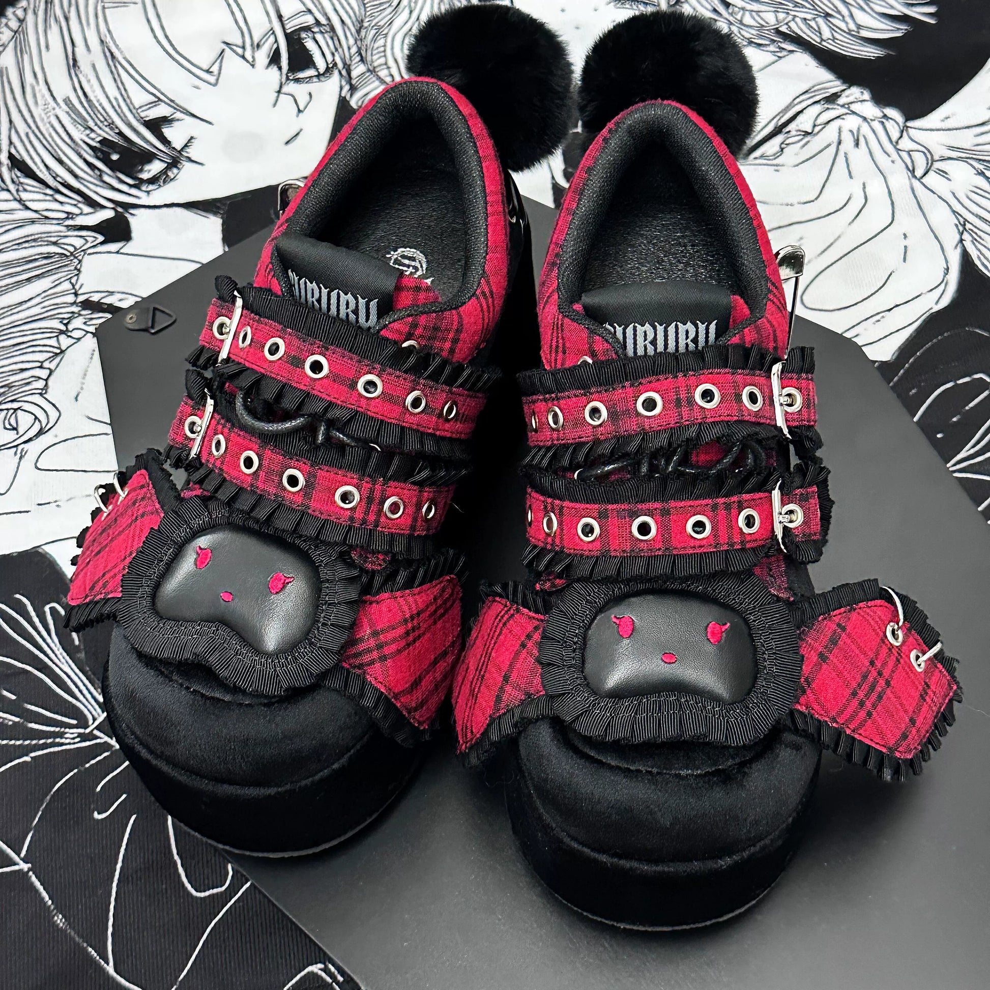 Y2K Shoes Red Plaid Platform Shoes Bandage Bunny Shoes 34394:471188