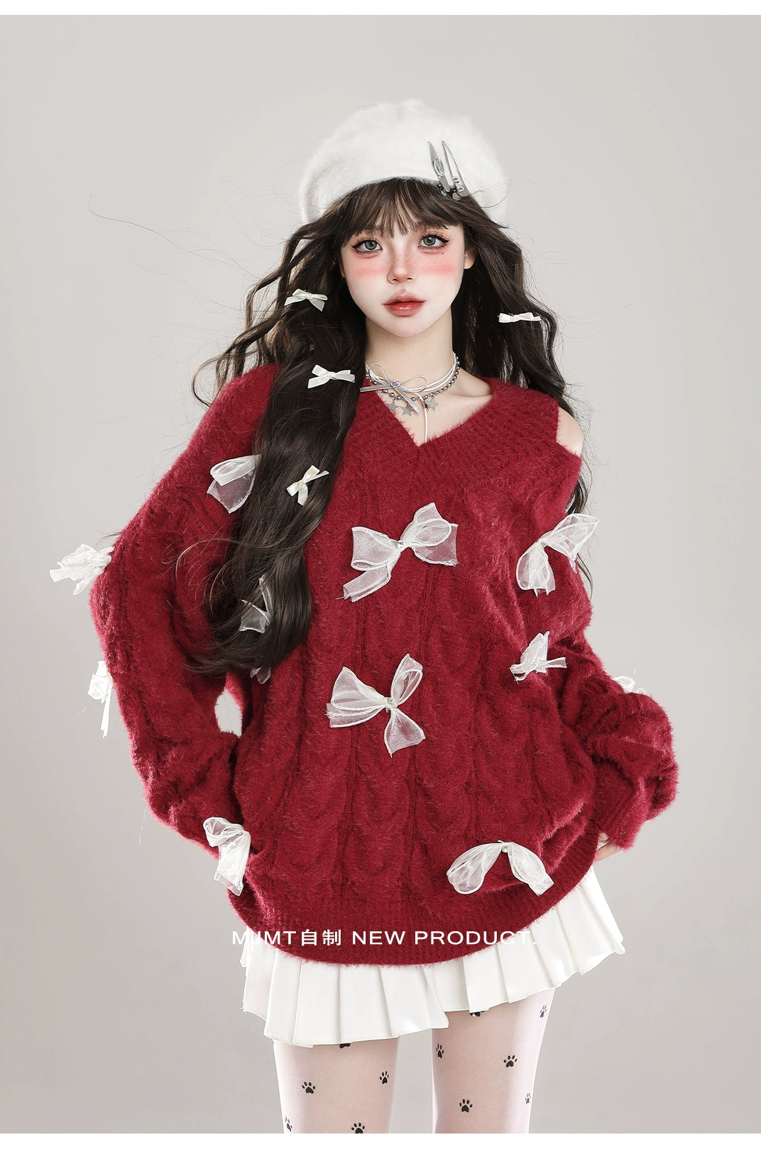 Sweet Winter Sweater, Open-Shoulder, Ribbon Bows (Red / L M S XL) 44070:795146