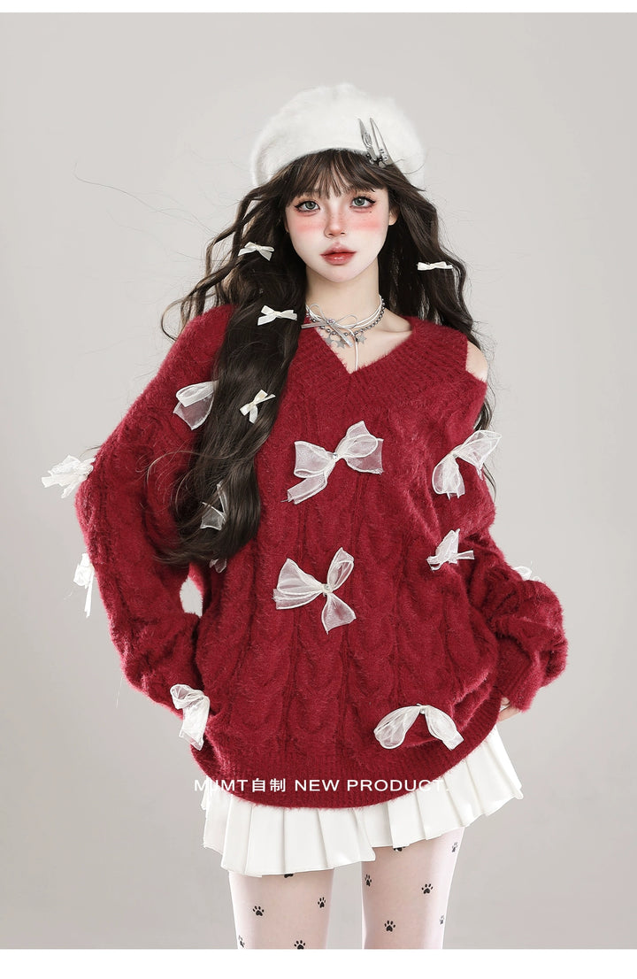 Sweet Winter Sweater, Open-Shoulder, Ribbon Bows (Red / L M S XL) 44070:795146