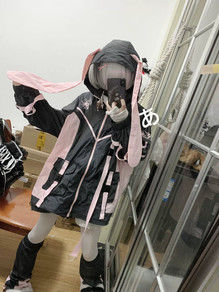 Jirai Kei Outfit Set Cyberpunk Coat Black Pink Thin Jacket 37568:563352 37568:563352