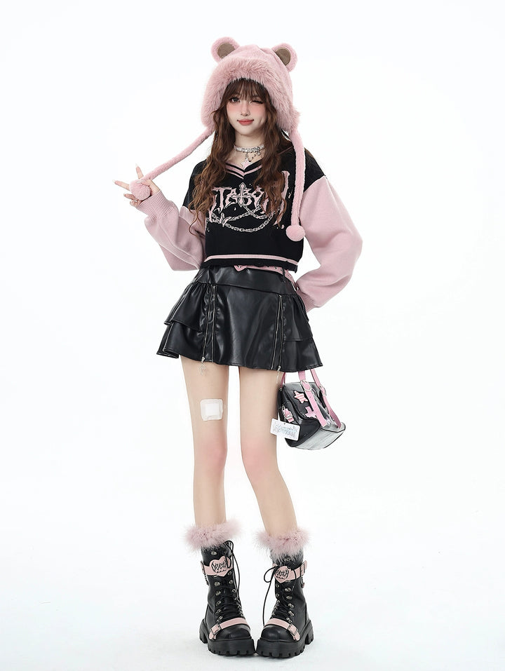 Y2K Sweater Gyaru V-neck Black-Pink Sweater For Winter 41790:713698