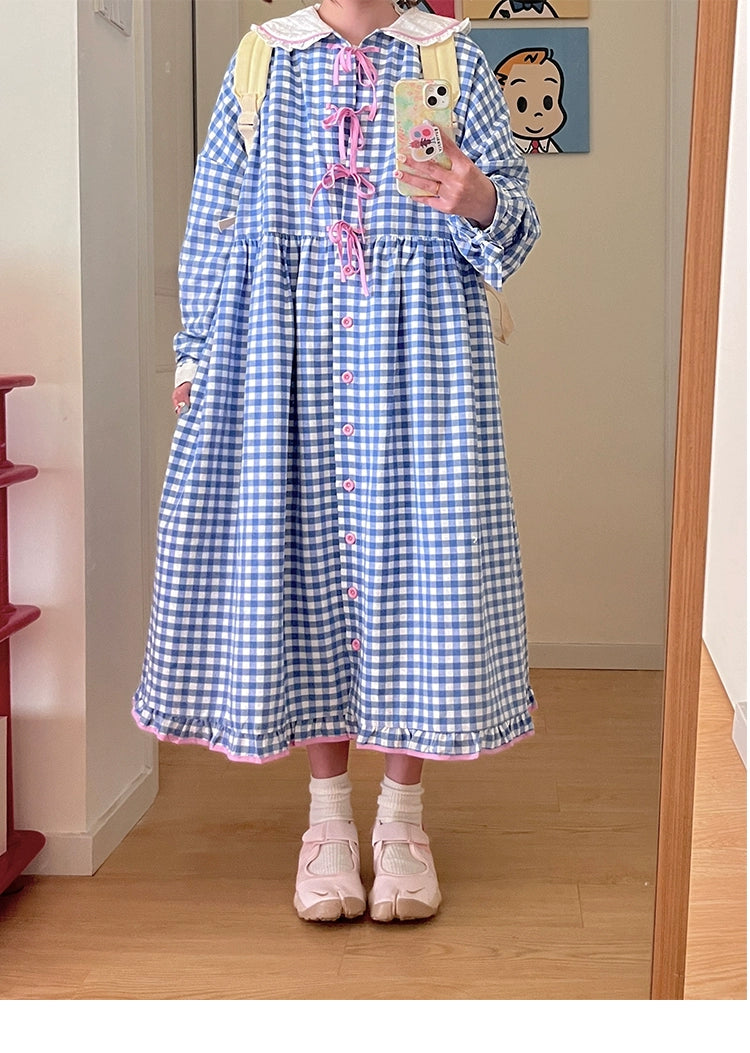 Oversized Mory Kei Dress Plaid Long Sleeve Dress Sweet Dress 36168:517310 36168:517310