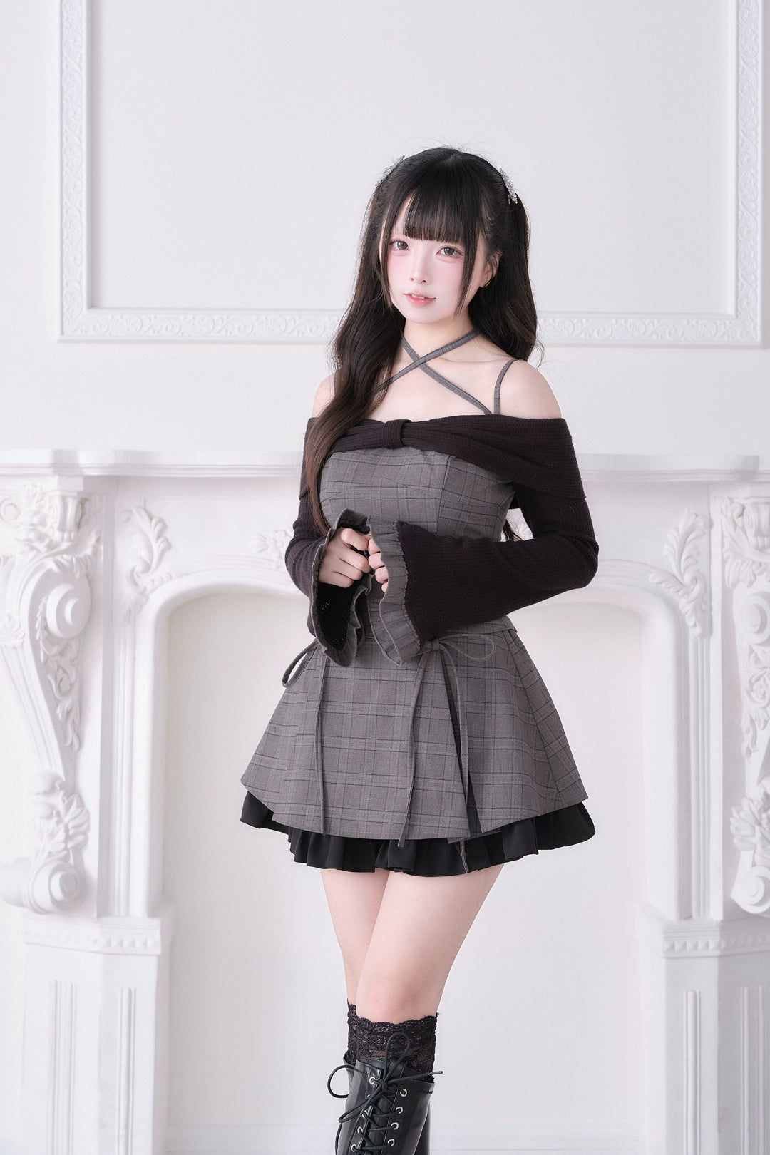 Jirai Kei Plaid Top and Skirt Set, Halter Neckline 44814:822648