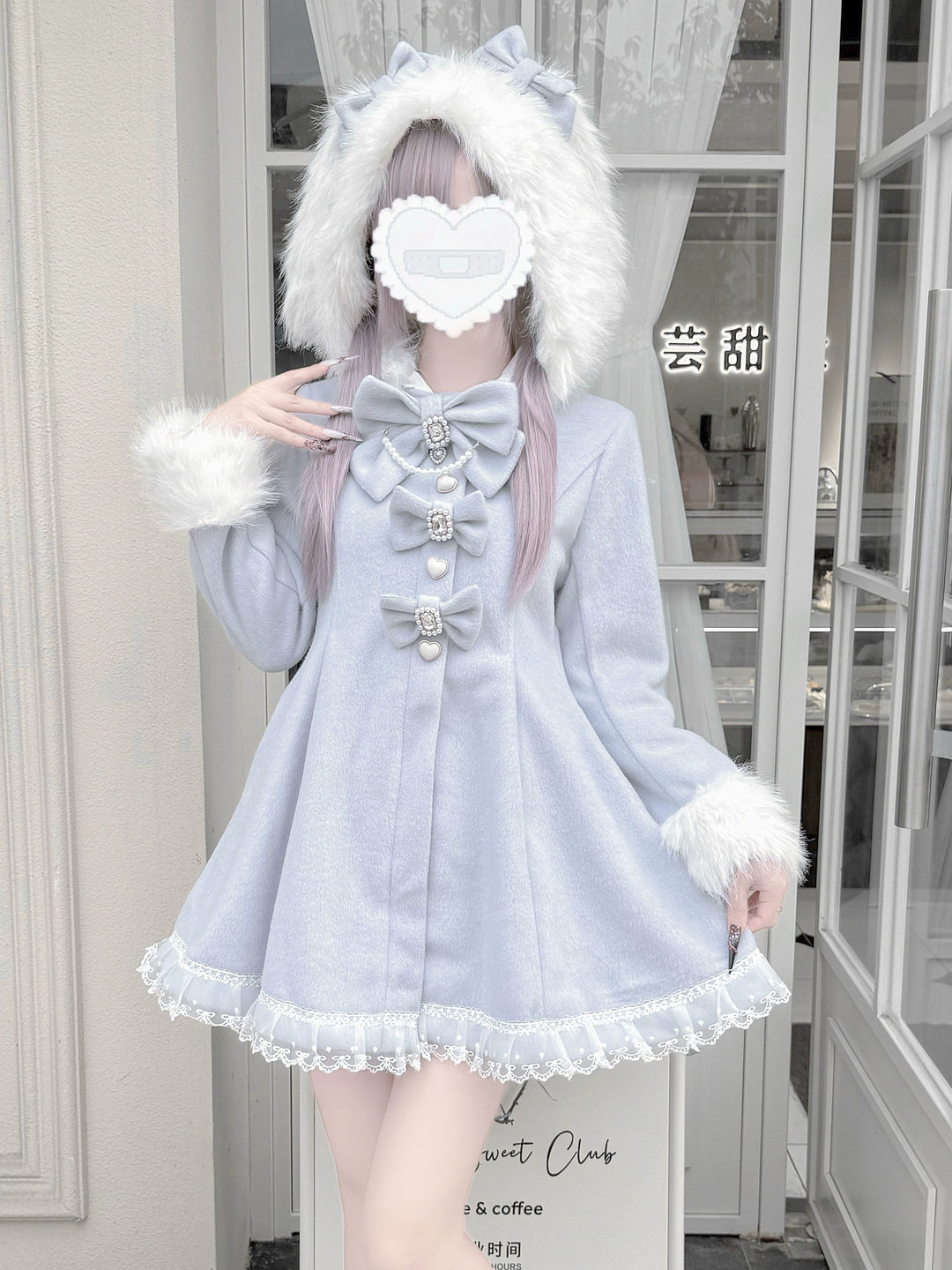 Wool-Blend Ryousangata Coat, Detachable Bunny Ear Hood 44014:792998