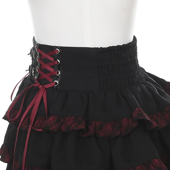 Punk Strawberry and Chain Print T-shirt, Red Plaid Skirt 45365:851406
