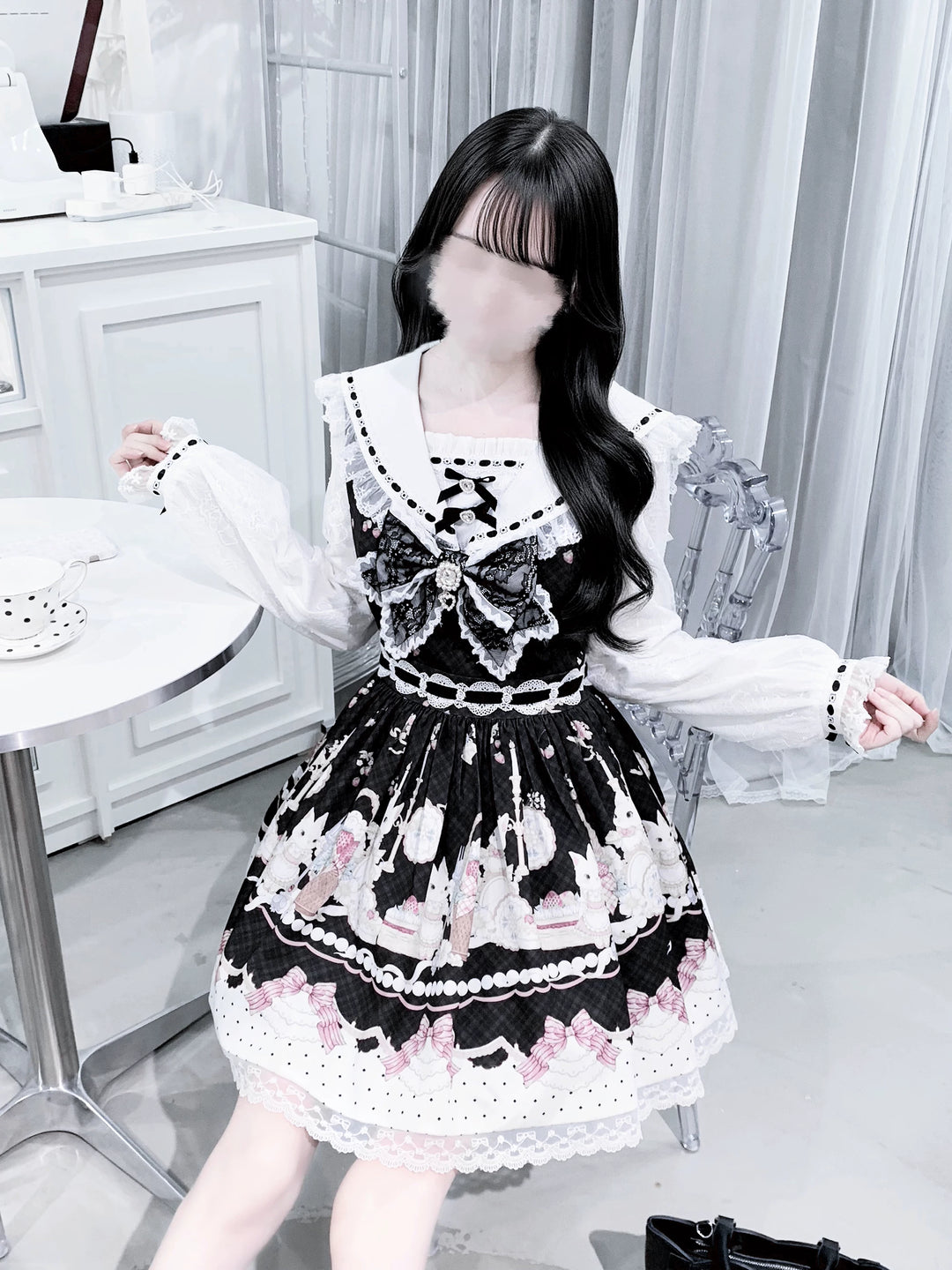 Sweet Lolita Sailor Collar OP Dress, Strawberry & Bunny Print 45872:872442