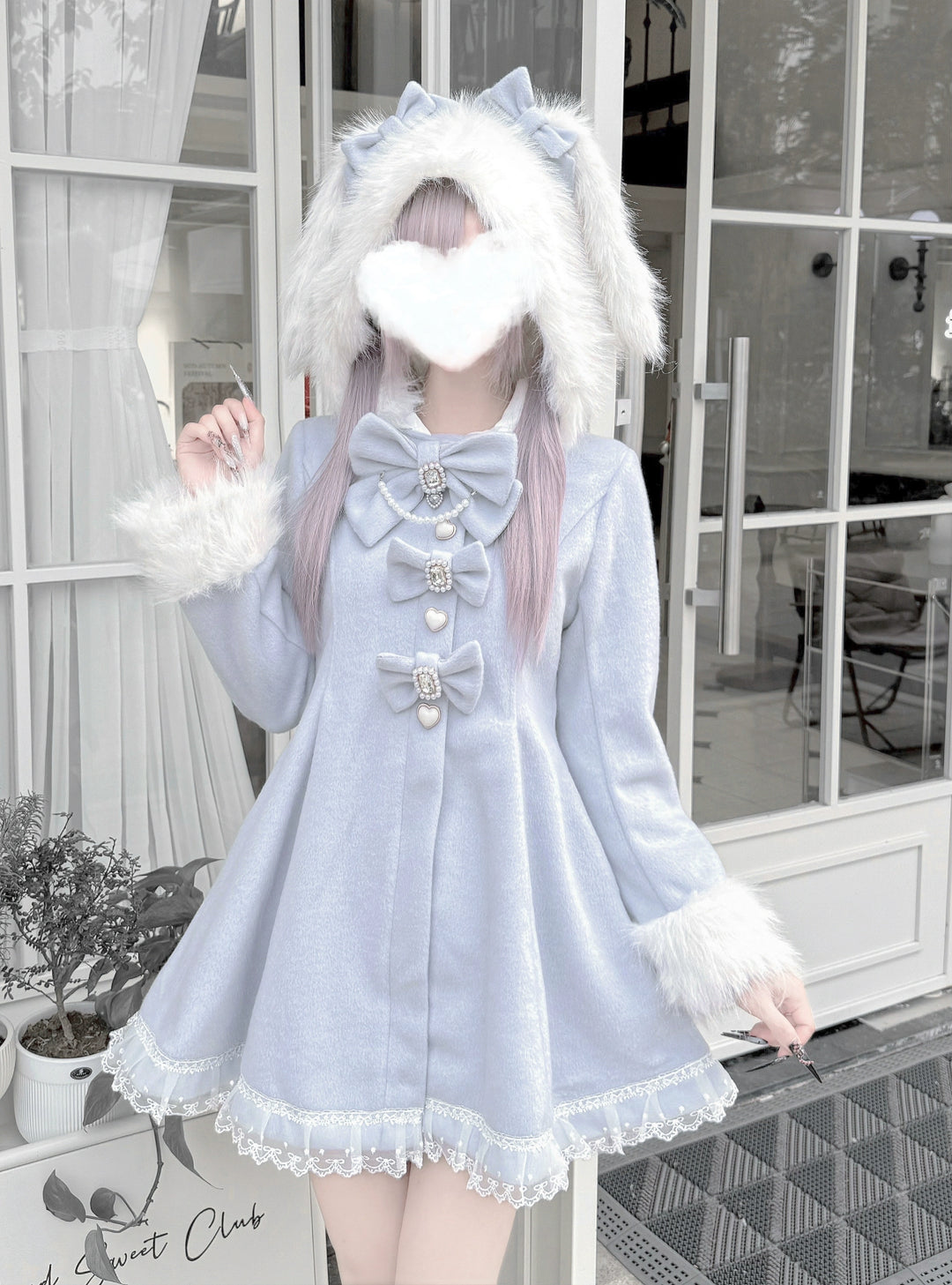 Wool-Blend Ryousangata Coat, Detachable Bunny Ear Hood 44014:792999