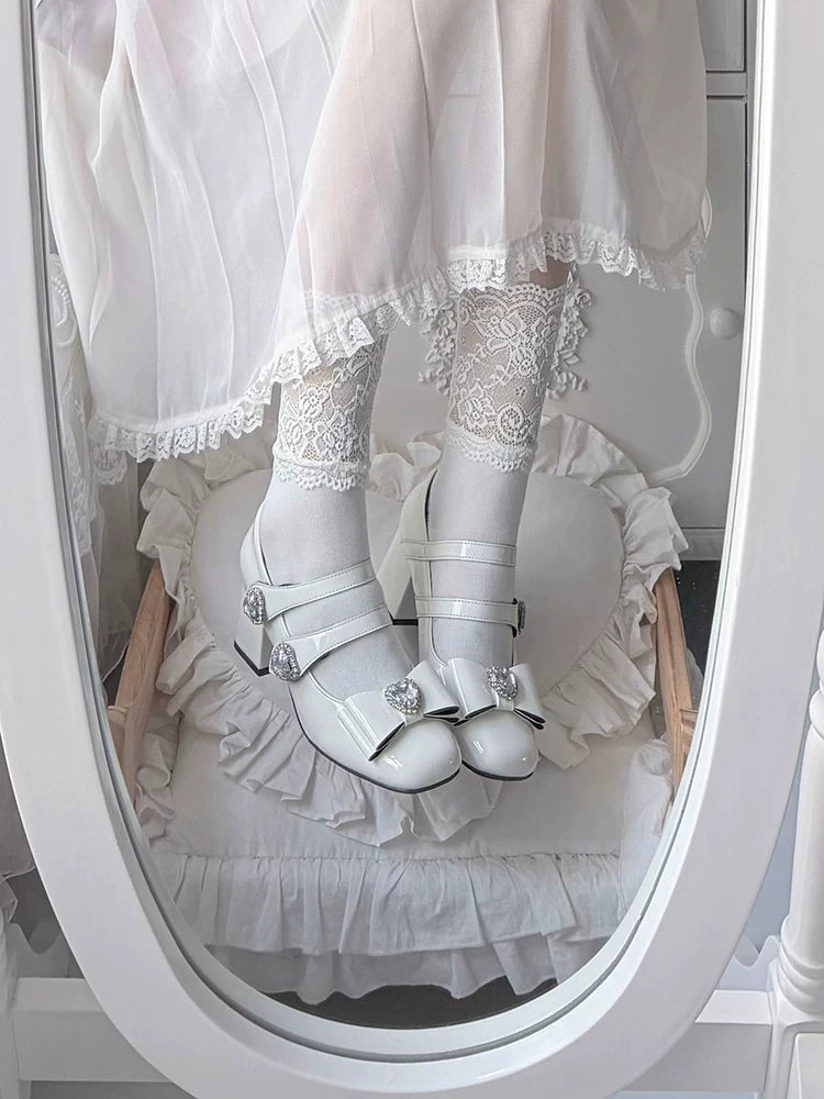 Jirai Kei Square Toe Chunky Heels, Heart rhinestone Details 45840:867420