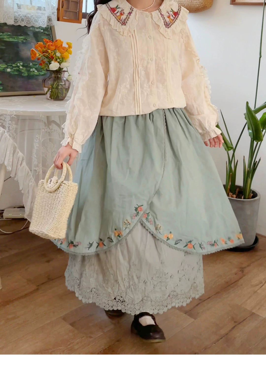 Mori Kei Skirt Sweet Retro Linen Embroidered Long Skirt 41802:714068