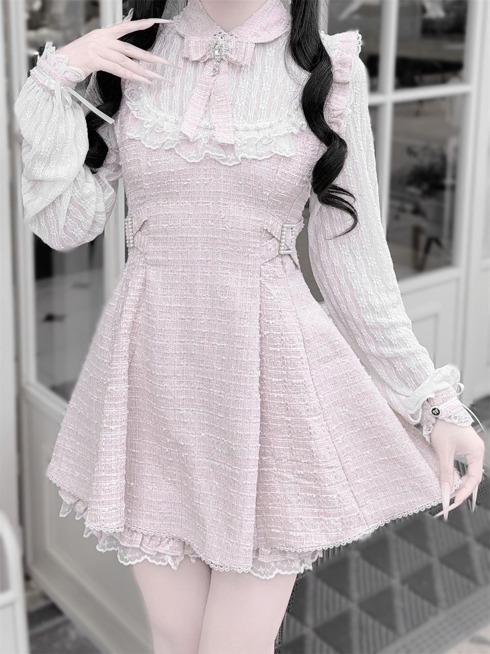 Tweed Ryousangata Dress Set, Elastic Waisted Shorts 44144:797210