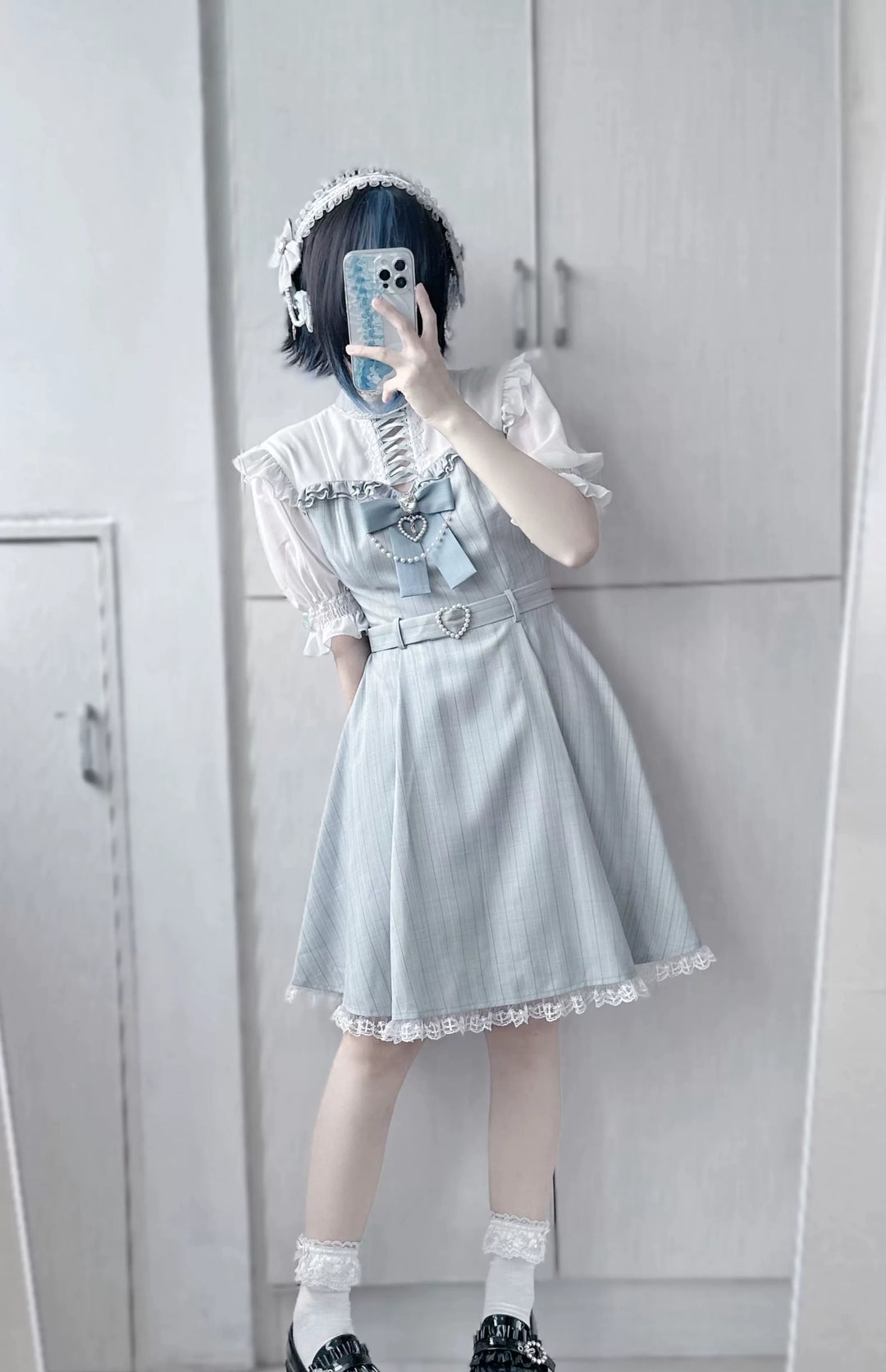 Jirai Kei Dress Short Sleeves Lace-Up Dress With Bow Tie 41036:685862