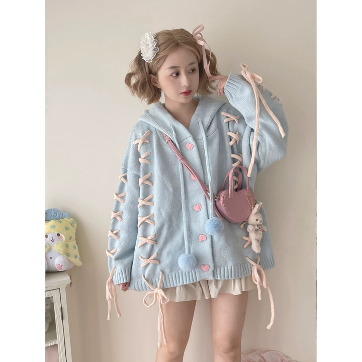 Kawaii White Pink Blue Cardigan Bunny Ears Sweater Coat (Blue) 22658:345242 (Blue) 22658:345242