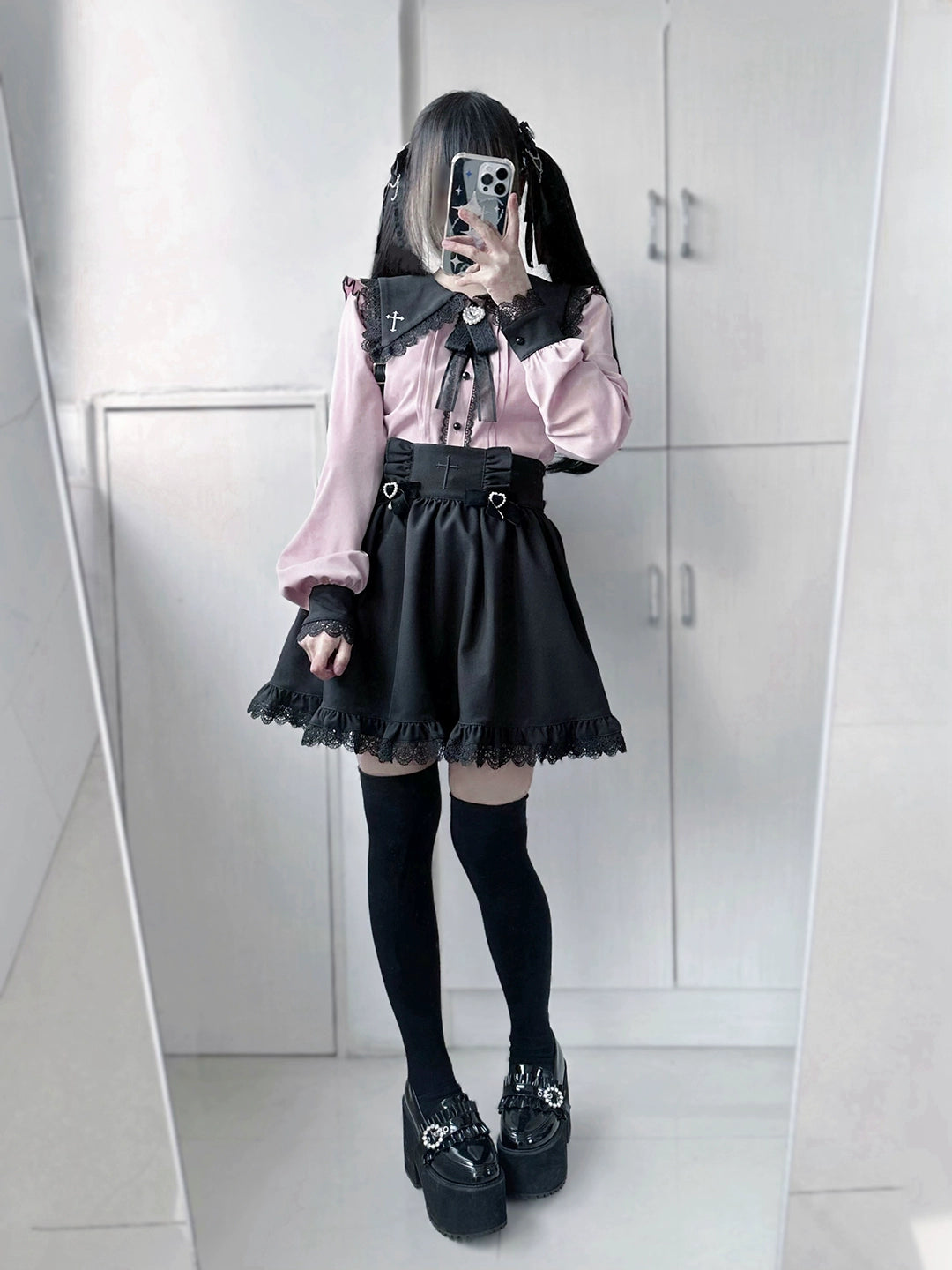 Jirai Kei Set Black Pink Sailor Collar Blouse Cross Skirt 37666:564470