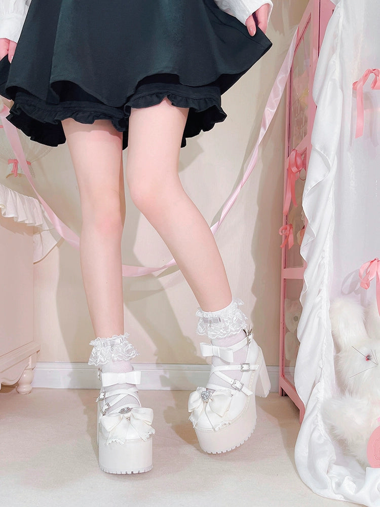 Jirai Kei Shoes Bow High-heeled Platform Ryousangata Shoes 38040:594216