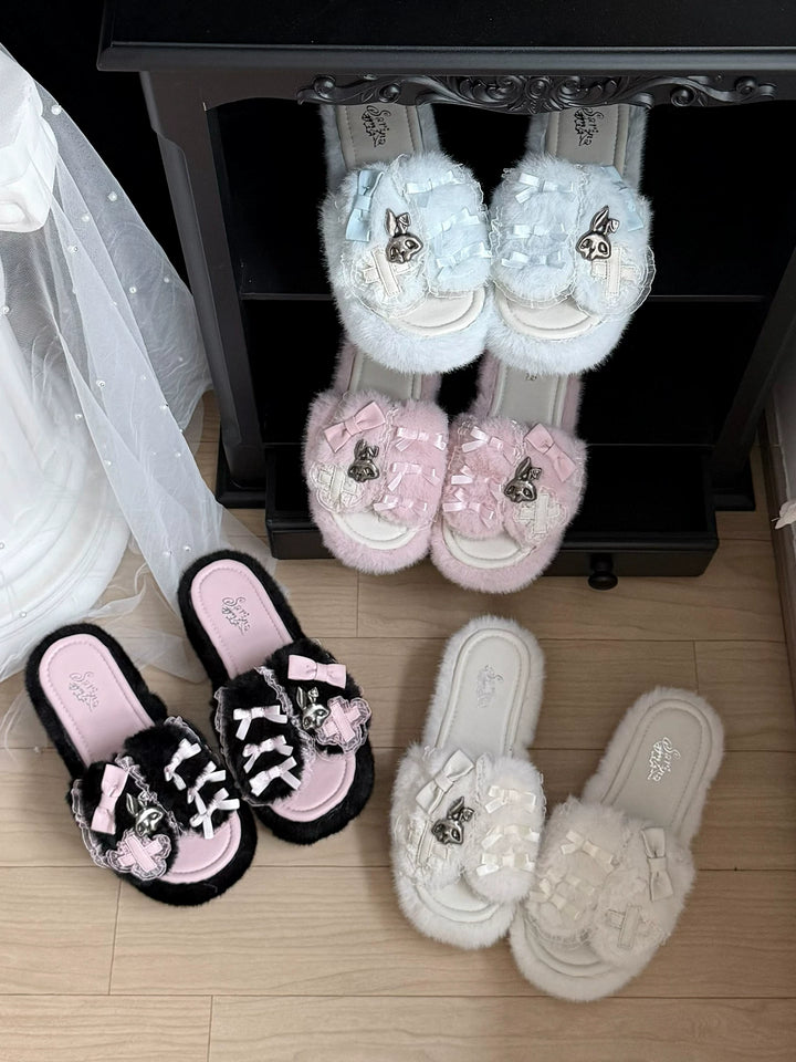 Jirai Kei Plush Wedge Platform Slippers, Bunny & Bow Accents 45959:870524