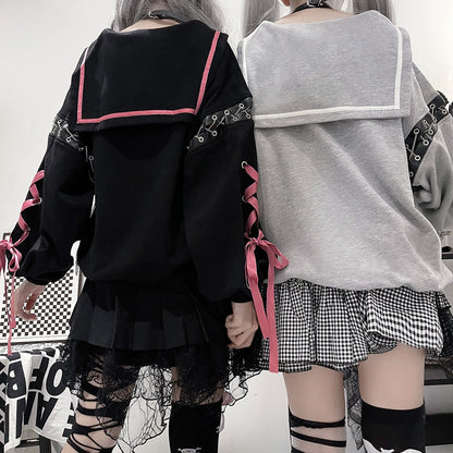 Jirai Kei Outfit Set Gothic Sailor Collar Sweatshirt Set 35762:517410