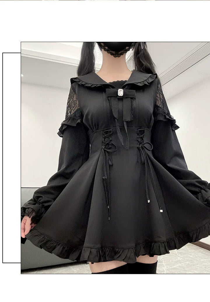 Jirai Kei Dress Set Black Sailor Collar Lace Dress Shorts 40076:649906