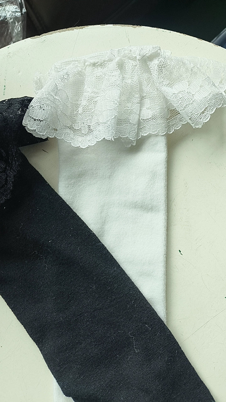 Jirai Kei Mid Length Cotton Socks, Bows and Pearls 44121:797902