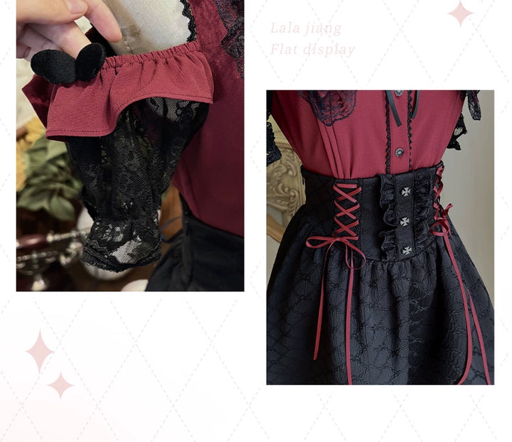 Black and Red Jirai Kei Set Up, Lace Pointed Collar 43726:783599