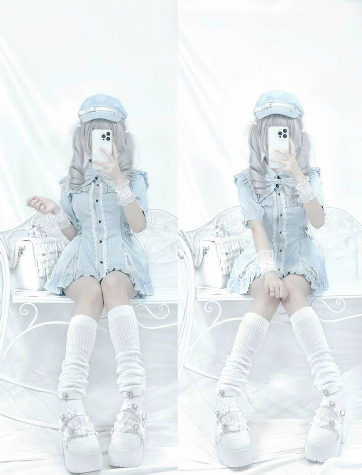 Lace Neck Jirai Kei Set Up, Pocketed Shorts 43544:779018