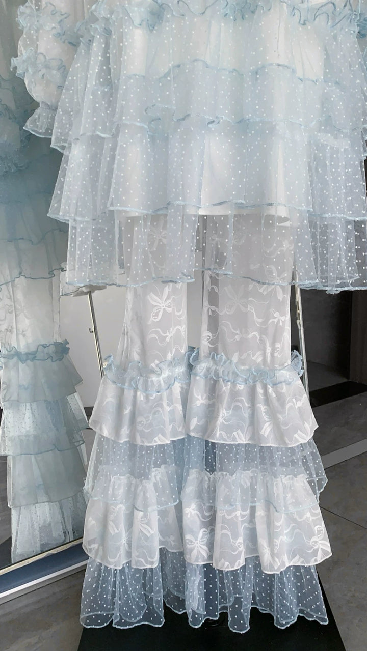 Ryousangata Tulle Polka Dot Blouse & Pants Set 45006:834532