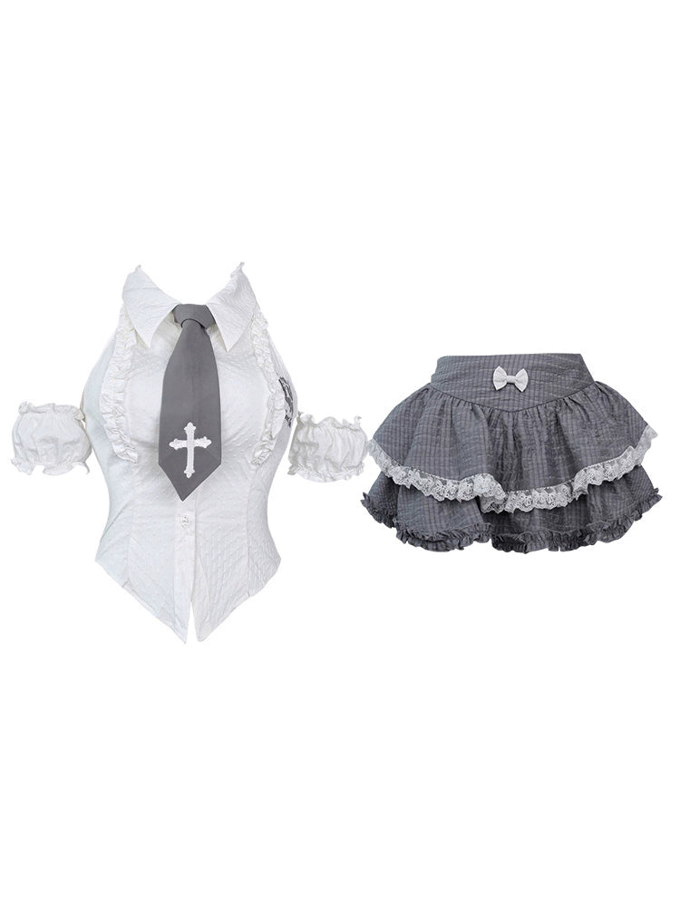 Preppy-Inspired Gyaru Halter Neck Blouse, Mini Skirt 43429:779984
