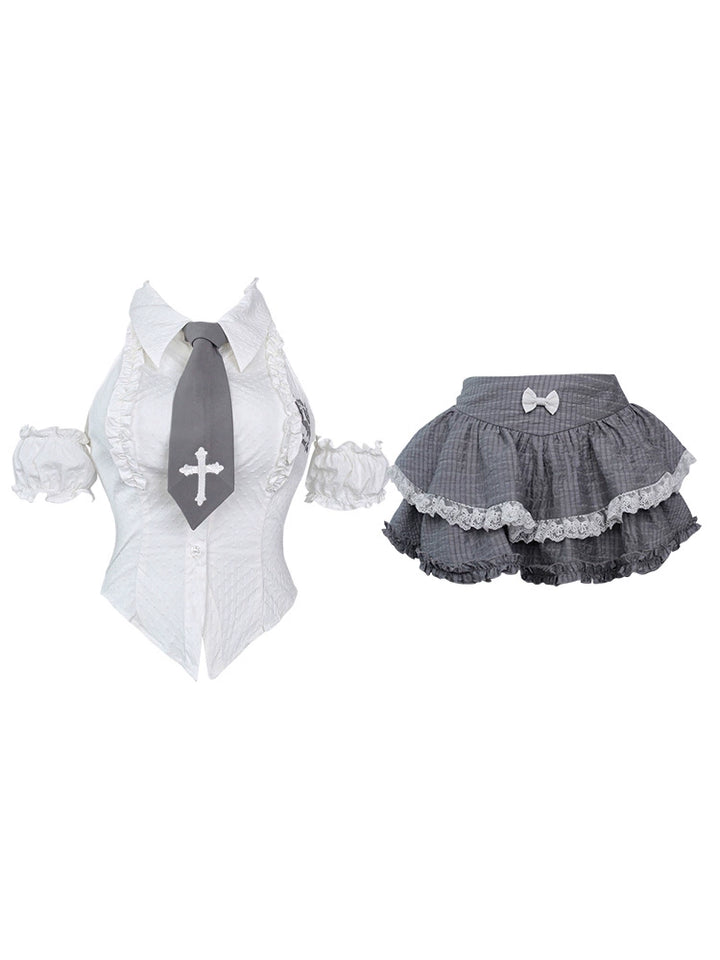 Preppy-Inspired Gyaru Halter Neck Blouse, Mini Skirt 43429:779984