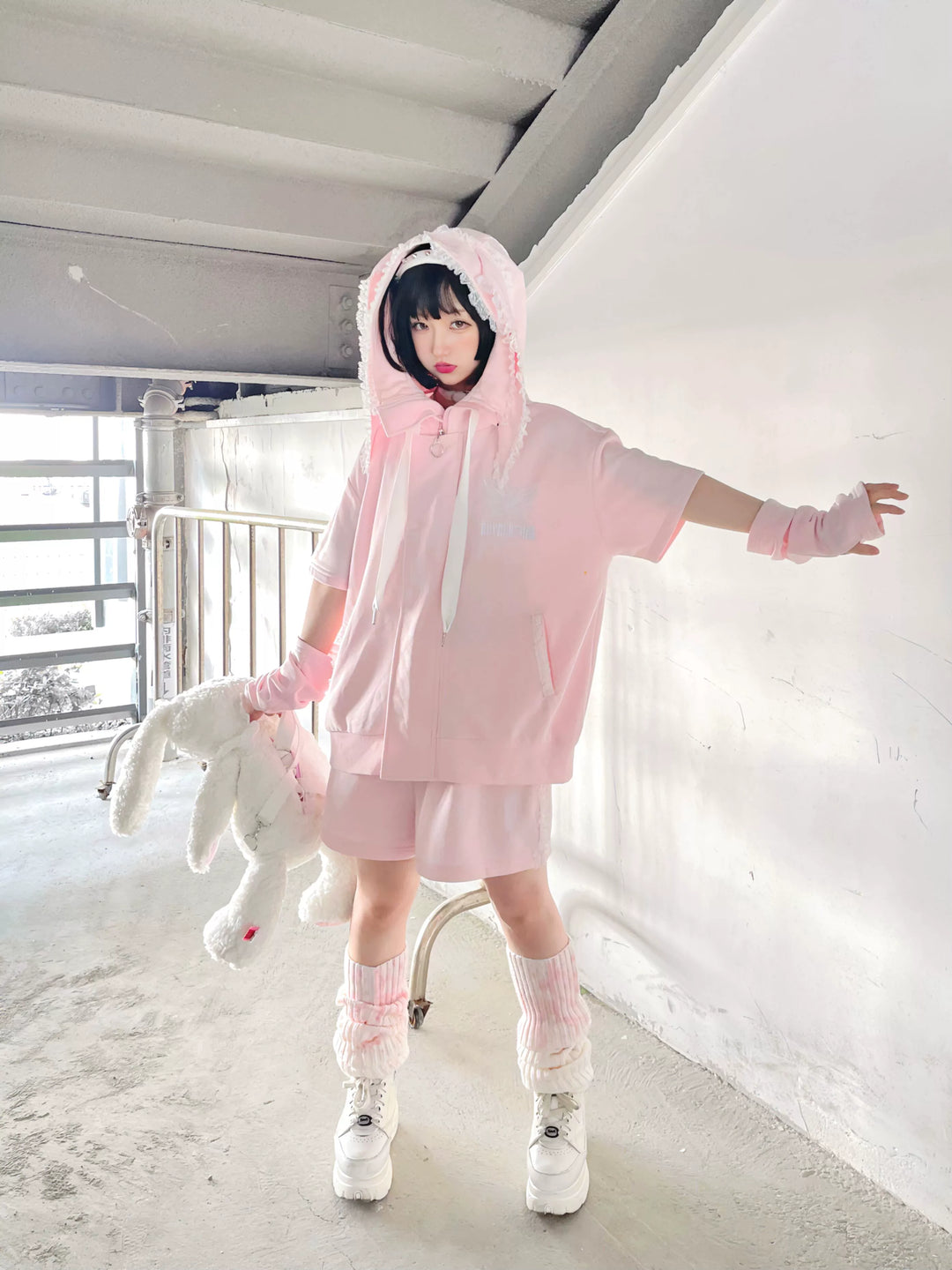 Harajuku Fashion Pink White Hoodie With Bunny Ear (Small) 29444:358500 (Small) 29444:358500