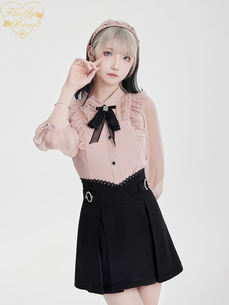 White Pink Jirai Kei Blouse Sheer Lace Shirt with Rhinestone 32914:403914