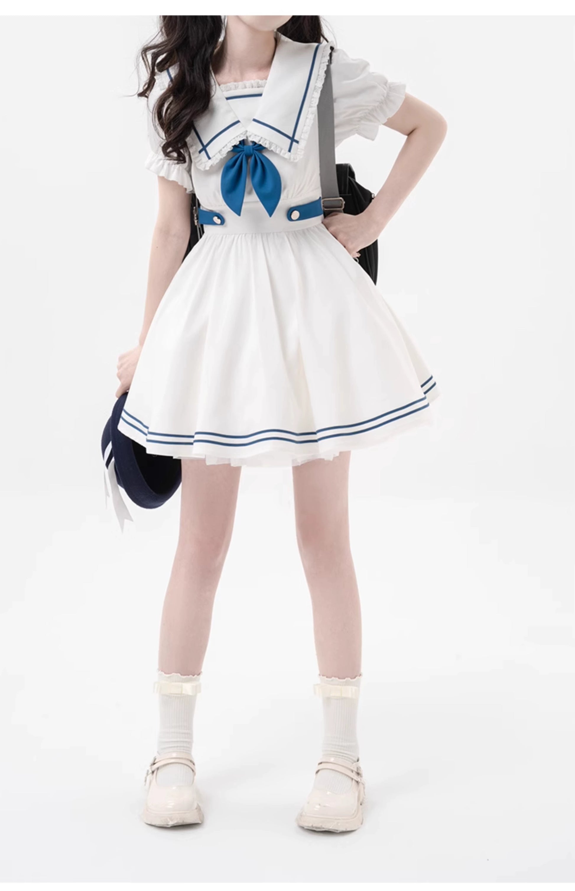 Preppy Dress Sailor Collar Dress White Short Sleeve Dress 36416:574336