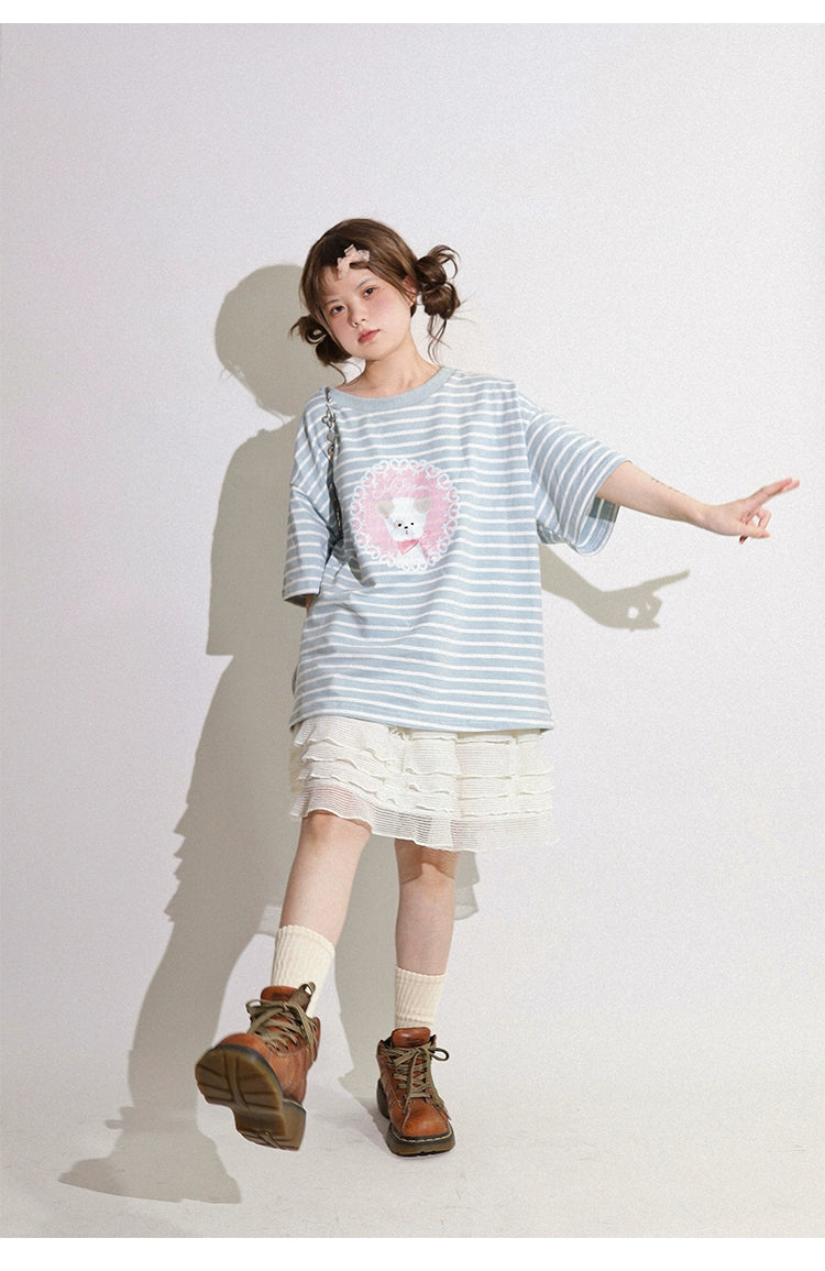 Kawaii Aesthetic Shirt Striped Short Sleeve Cotton Top 36562:518534