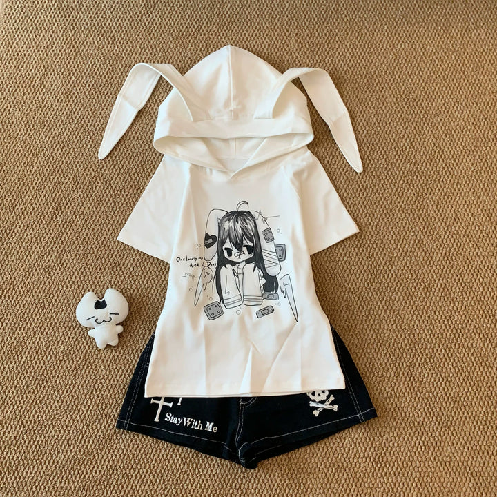 Kawaii Short Sleeve T-shirt, Bunny Ear Hooded Design 45642:856615