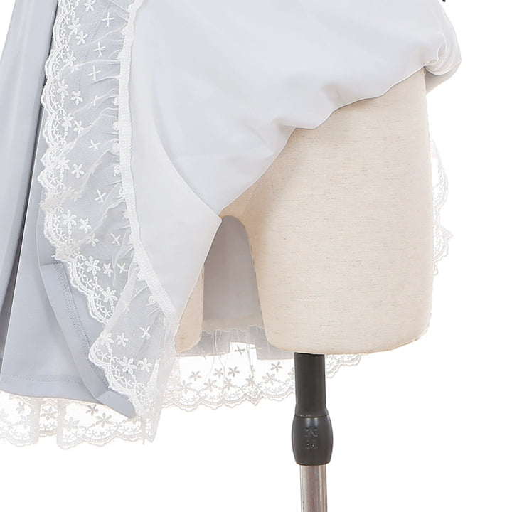White Jirai Kei Blouse with Ribbon & Blue Pleated Skirt With Elastic Band 42979:760051