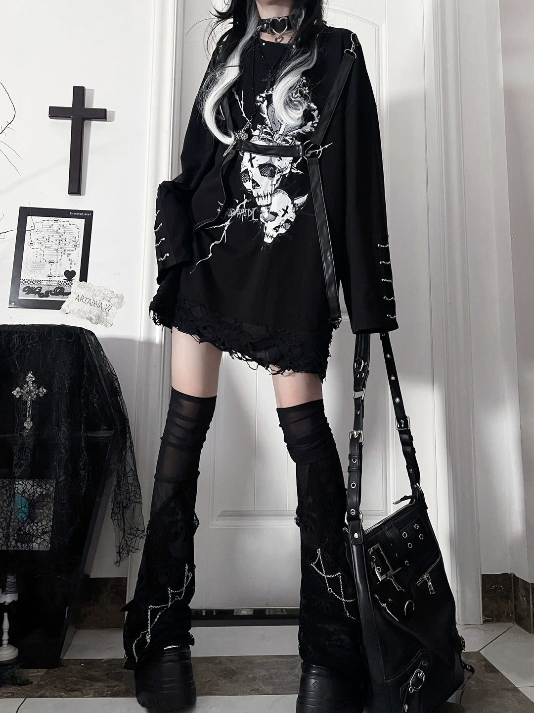 Gothic Printed Long Sleeve Tee, Detachable Strap 44336:804649