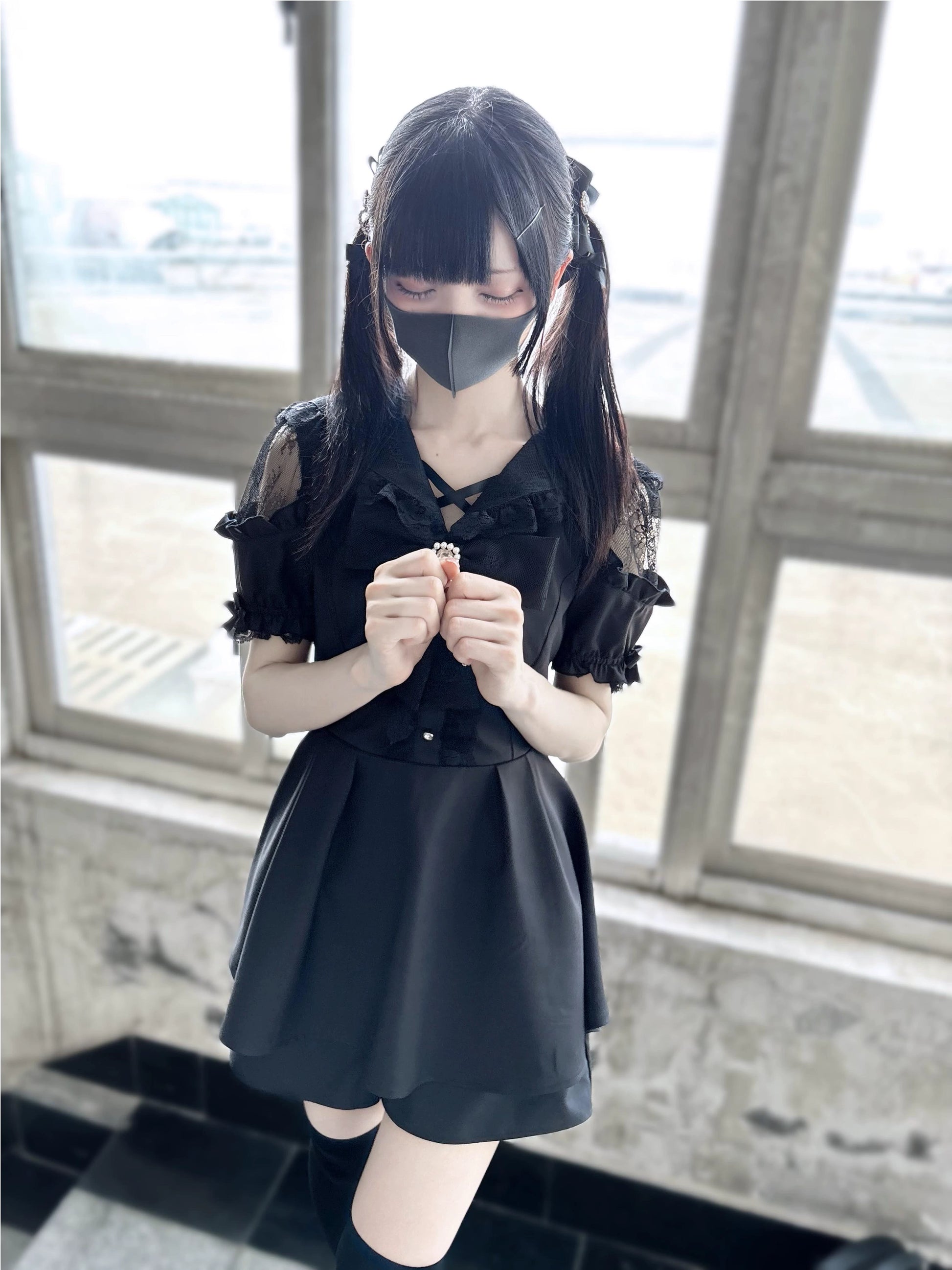 Jirai Kei Dress Set Black Short Sleeve Dress And Shorts 37848:571576