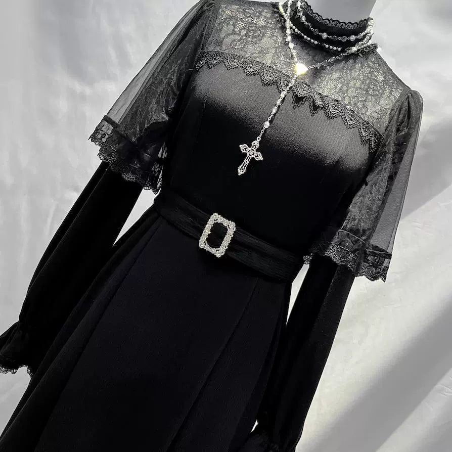 Long Jirai Kei Dress With Lace Trim at Collar & Cuffs 40726:674108