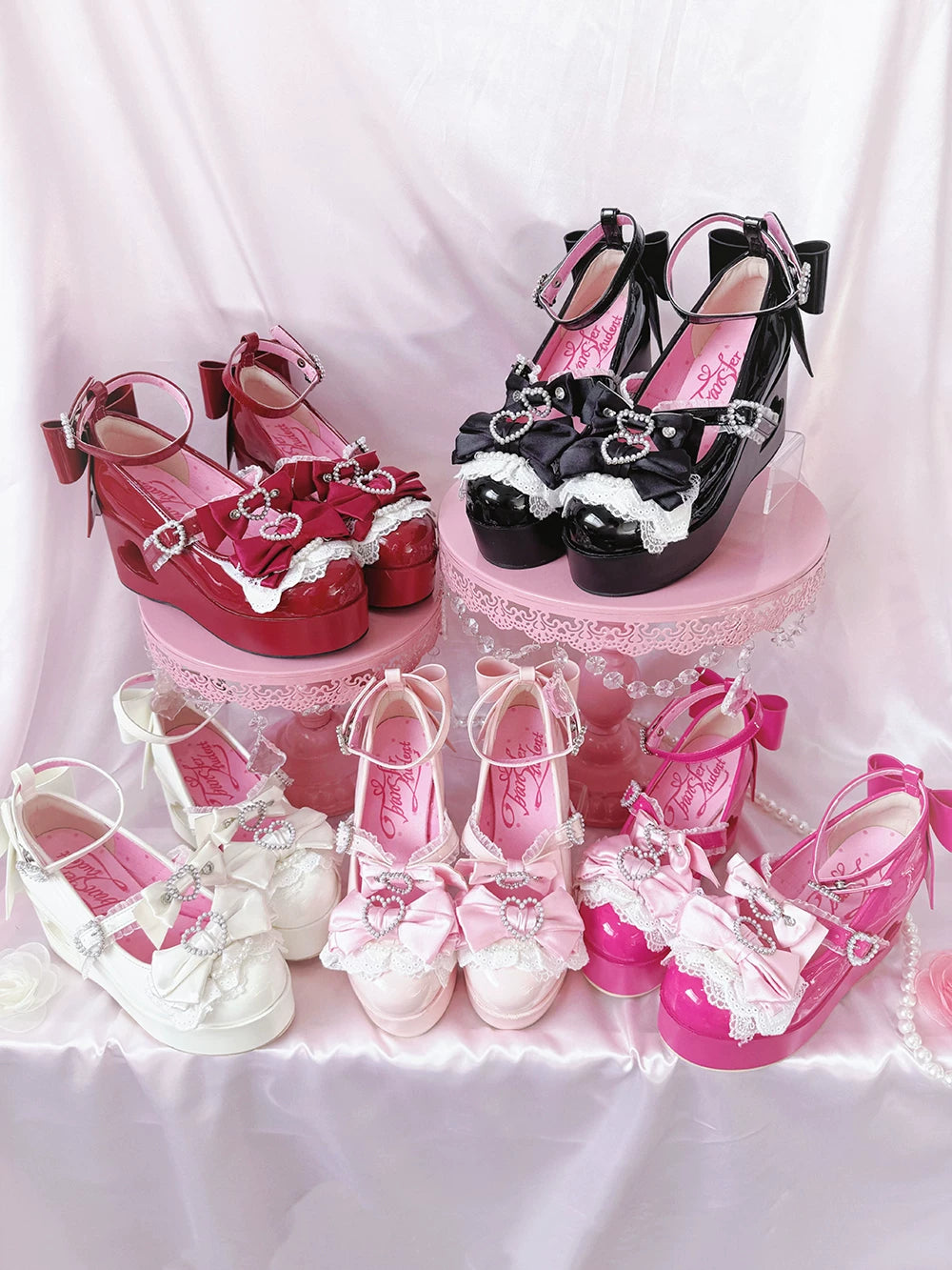 Sweet Lolita Platform Shoes, Bow and Heart-Shaped Pearl 45357:846086