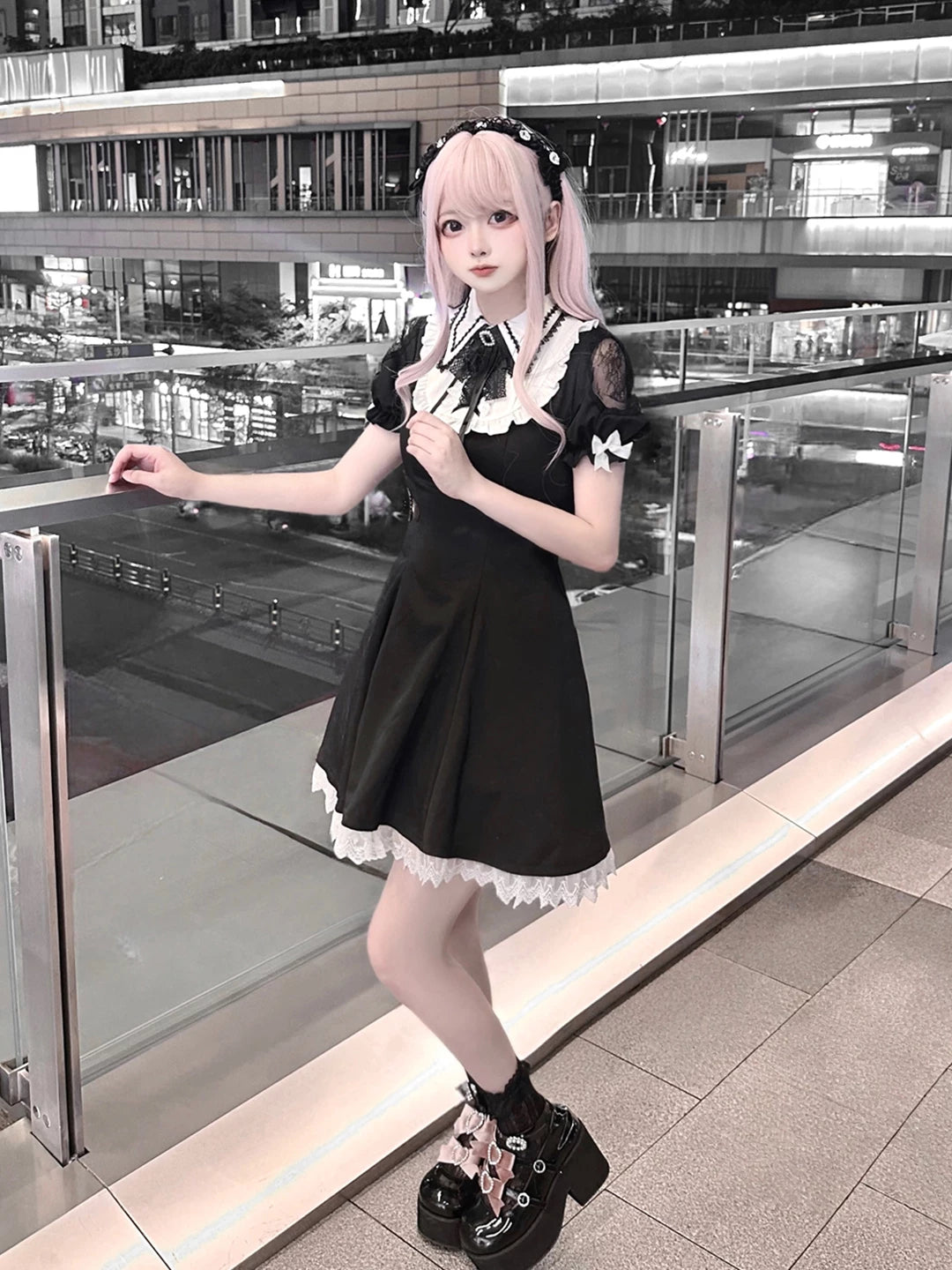 Jirai Kei A-line Dress, Black & White Color Block 45583:855102
