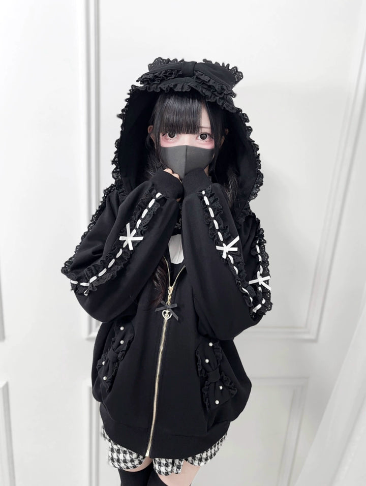 Jirai Kei Zip-Up Hoodie, Ruffle Lace and Bows 44176:800885