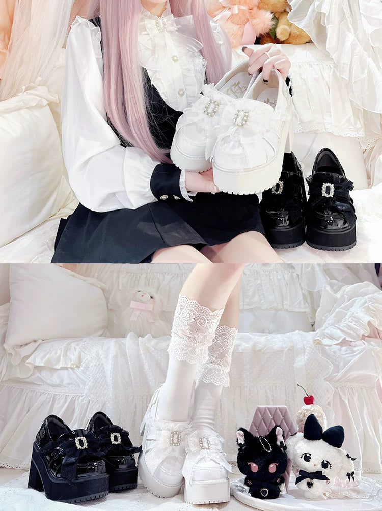 Black/White Jirai Kei Platform High Heel Shoes, Lace Bow 45952:872969