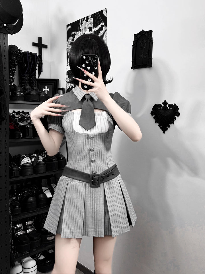 Jirai Kei Gray Striped Dress, Puff Sleeve Bolero 44808:829281