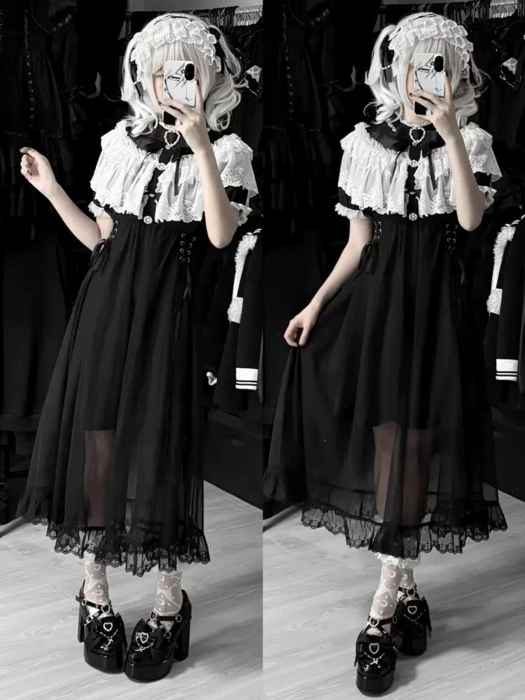Long Jirai Kei Lace Cape Dress, Detachable Sleeves 43590:780598