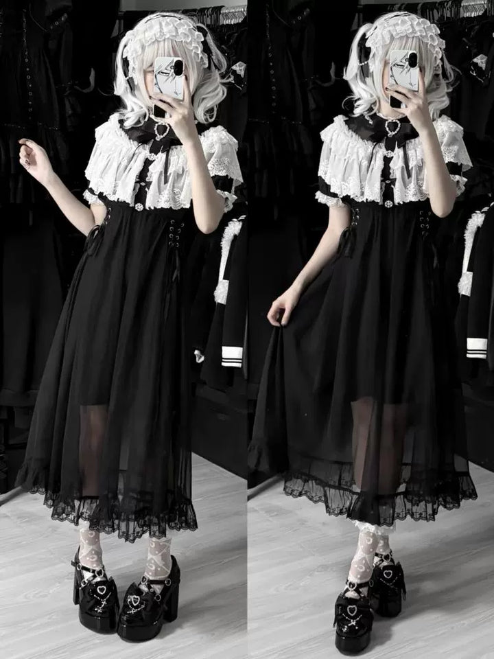 Long Jirai Kei Lace Cape Dress, Detachable Sleeves 43590:780598