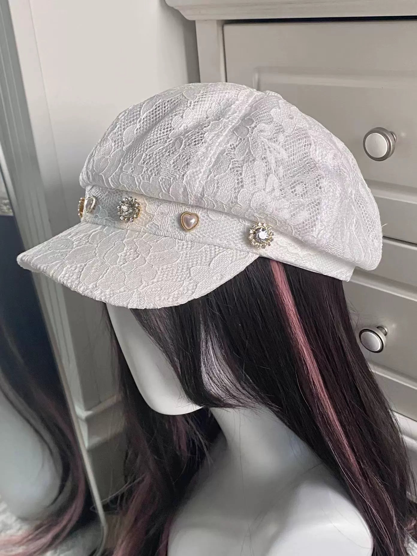 Jirai Kei Hat Rhinestone Lace Hat Japanese Subculture Hat (White) 34382:461758