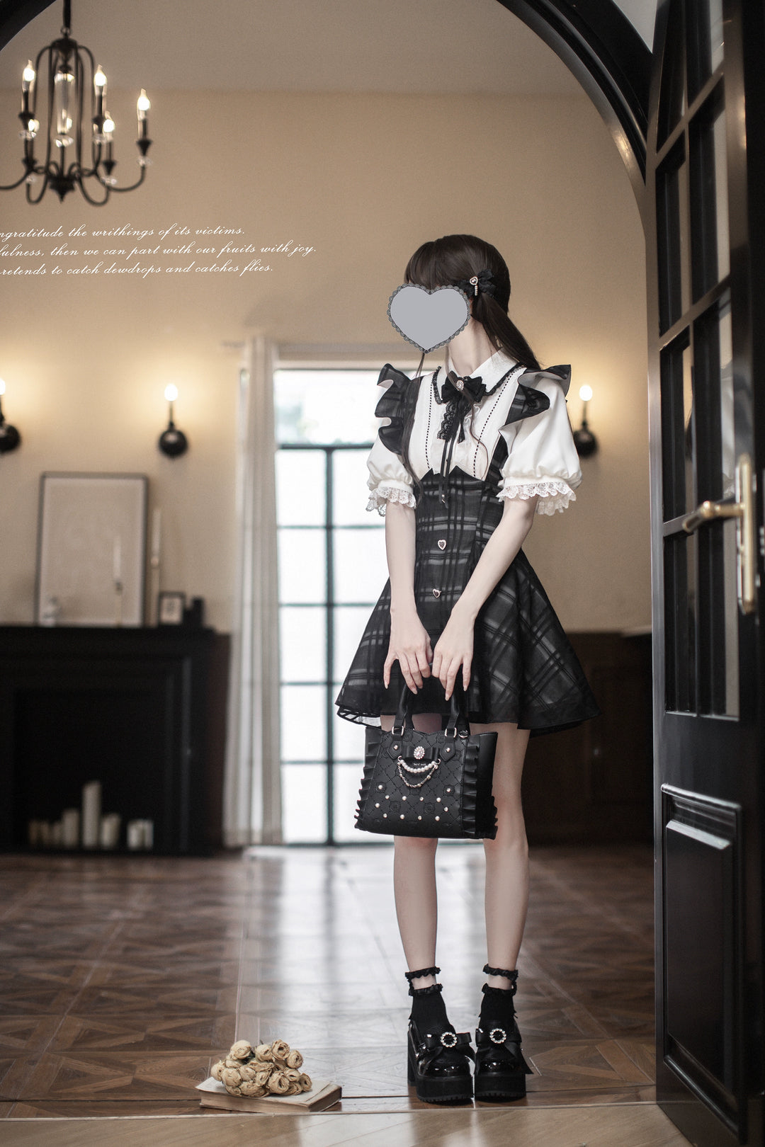 Black Jirai Kei Plaid Suspender Skirt Set with White Blouse 42918:760671