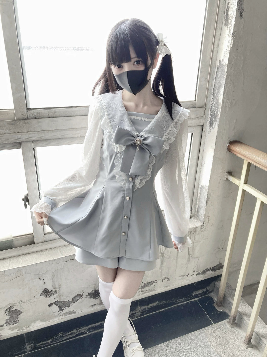 Jirai Kei Set Up Lace Sailor Collar Dress Gray Blue Dress 37638:566962 37638:566962