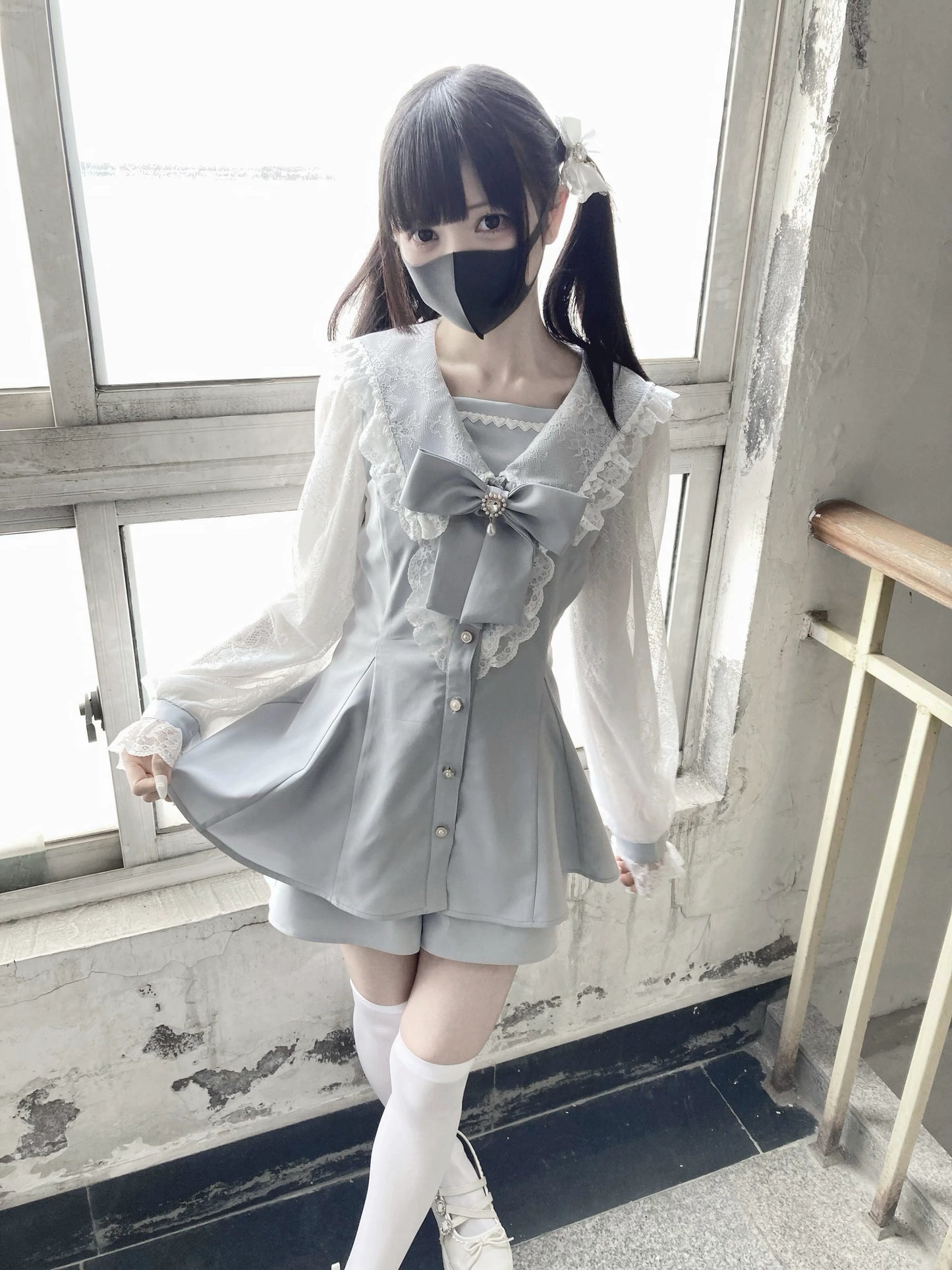 Jirai Kei Set Up Lace Sailor Collar Dress Gray Blue Dress 37638:566962
