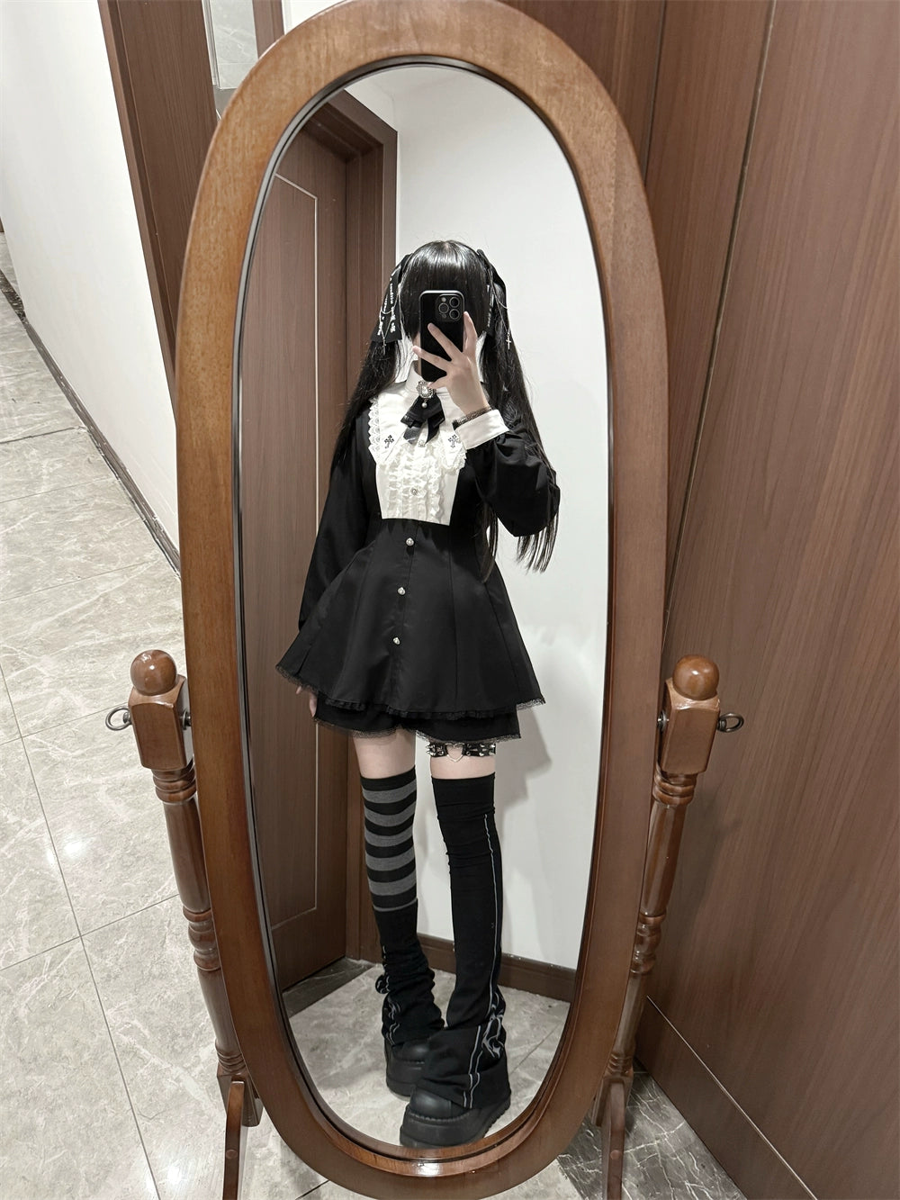 Jirai Kei Dress Set, Pointed Collar With Cross Accents 44145:797304